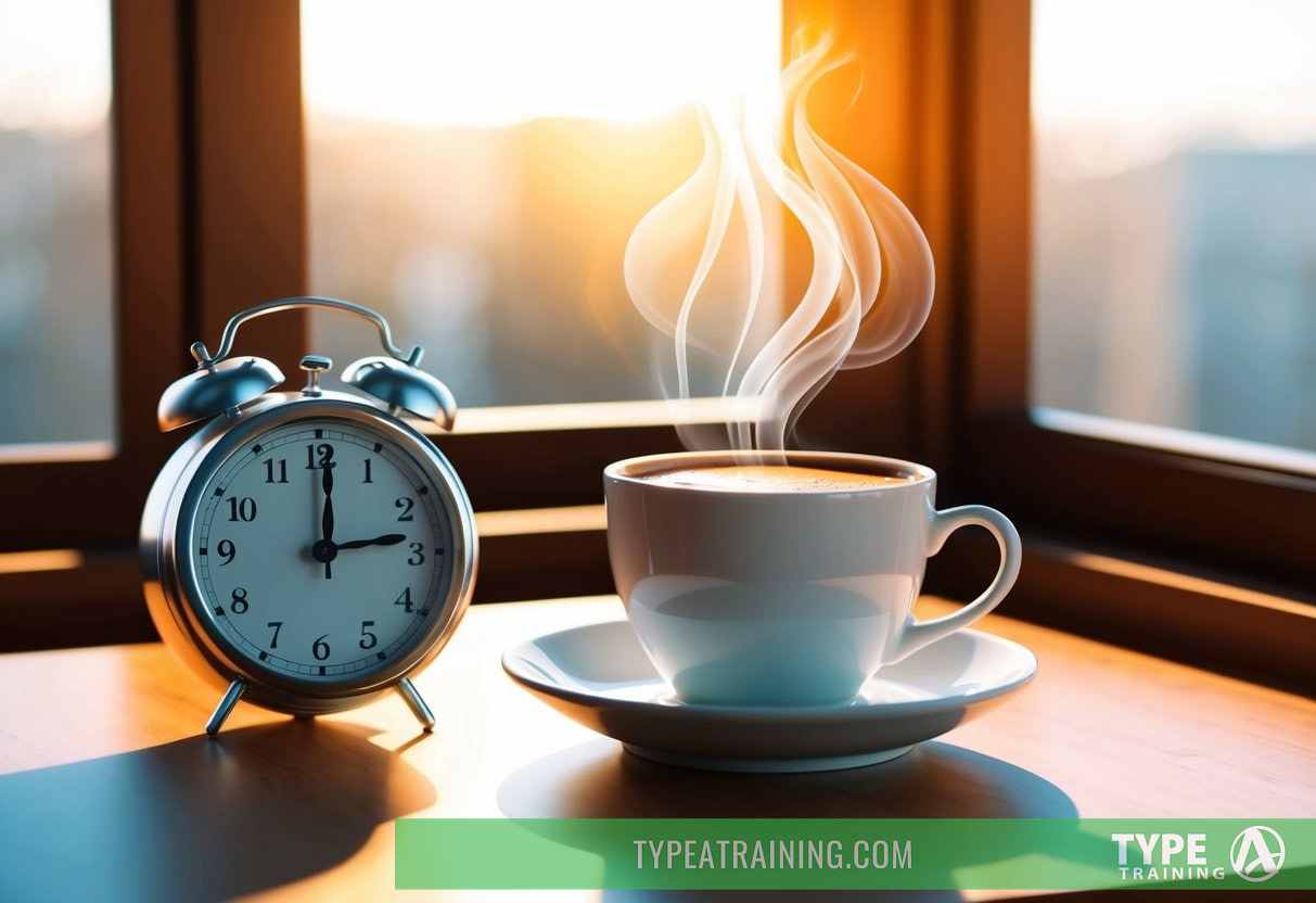 A steaming cup of coffee sits on a table next to a clock showing 90 minutes, with sunlight streaming in through a window