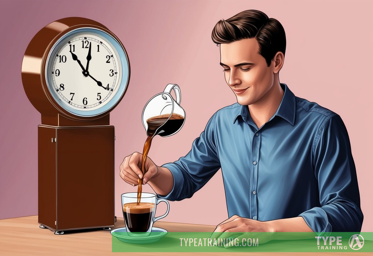 A person pouring coffee into a cup next to a clock showing 90 minutes