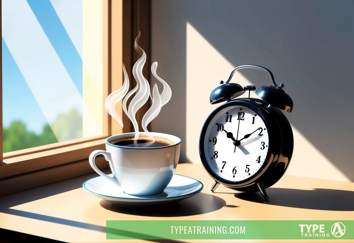 A steaming cup of coffee sits on a table next to a clock showing 90 minutes passing. Sunlight streams through a window, casting shadows