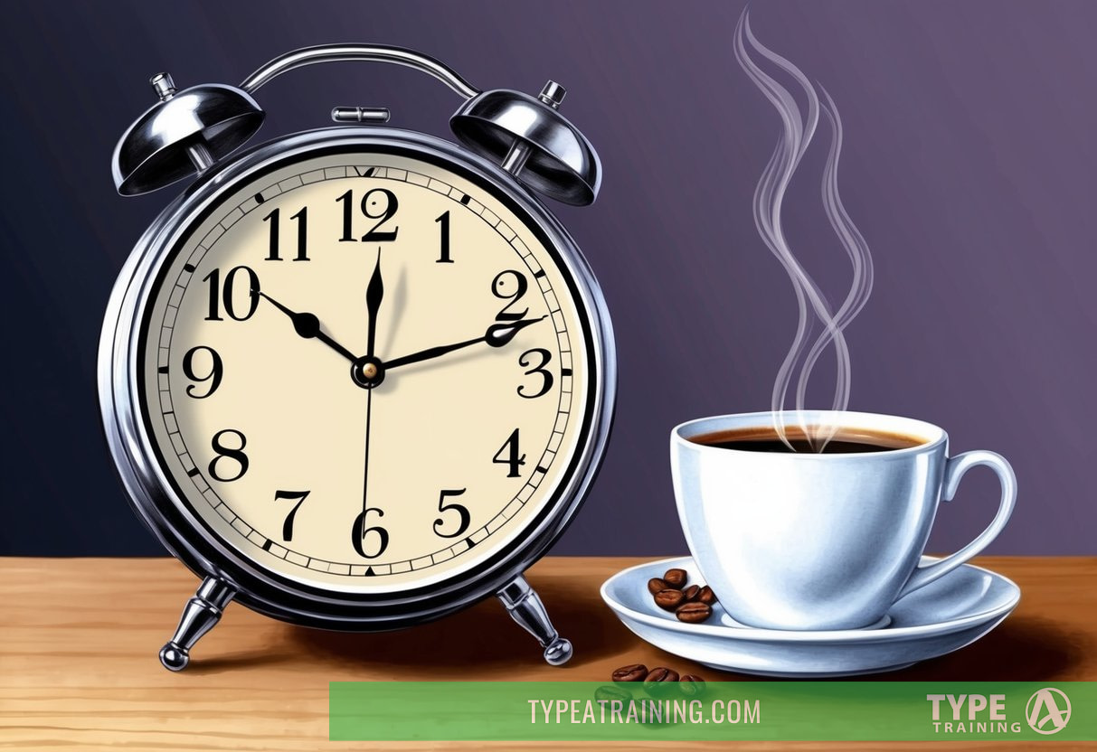 A clock showing the time of day with a steaming cup of coffee nearby