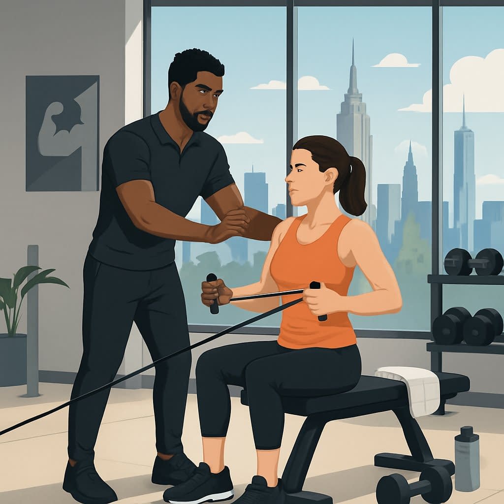 A personal trainer guiding a client through exercises in a gym with a view of the New York City skyline through large windows.
