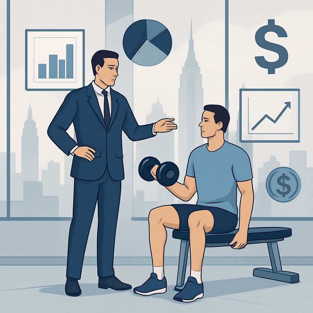 A personal trainer guiding a client through exercises in a gym with the Manhattan skyline visible outside the windows, accompanied by visual elements representing financial concepts.