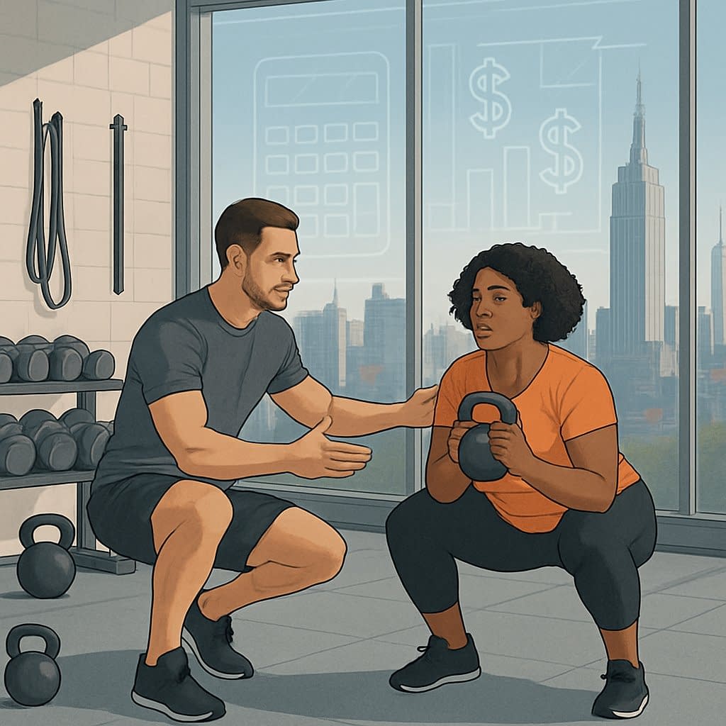 A personal trainer guiding a client through exercises in a gym with the Manhattan skyline visible through large windows.