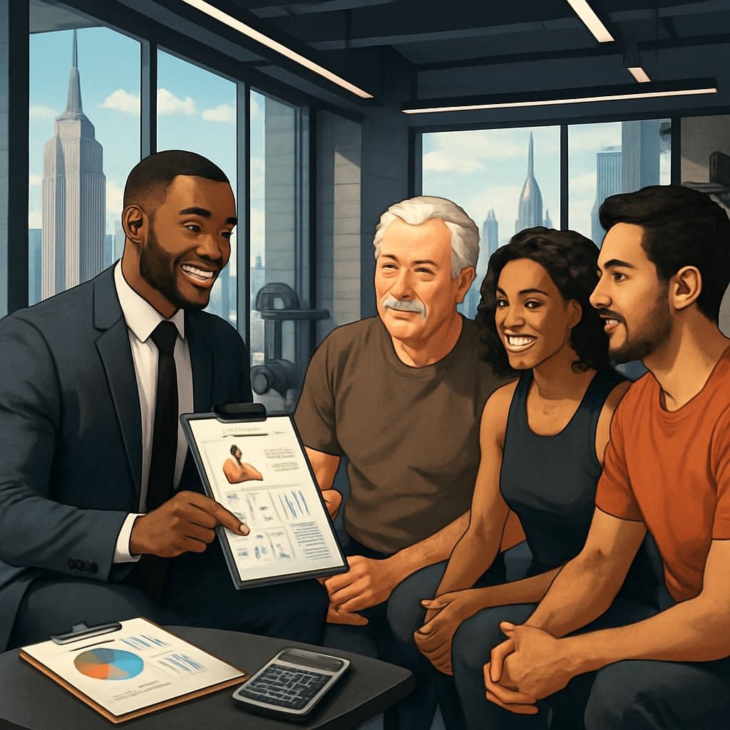A personal trainer discussing workout plans with diverse clients inside a modern gym with a Manhattan city view in the background.