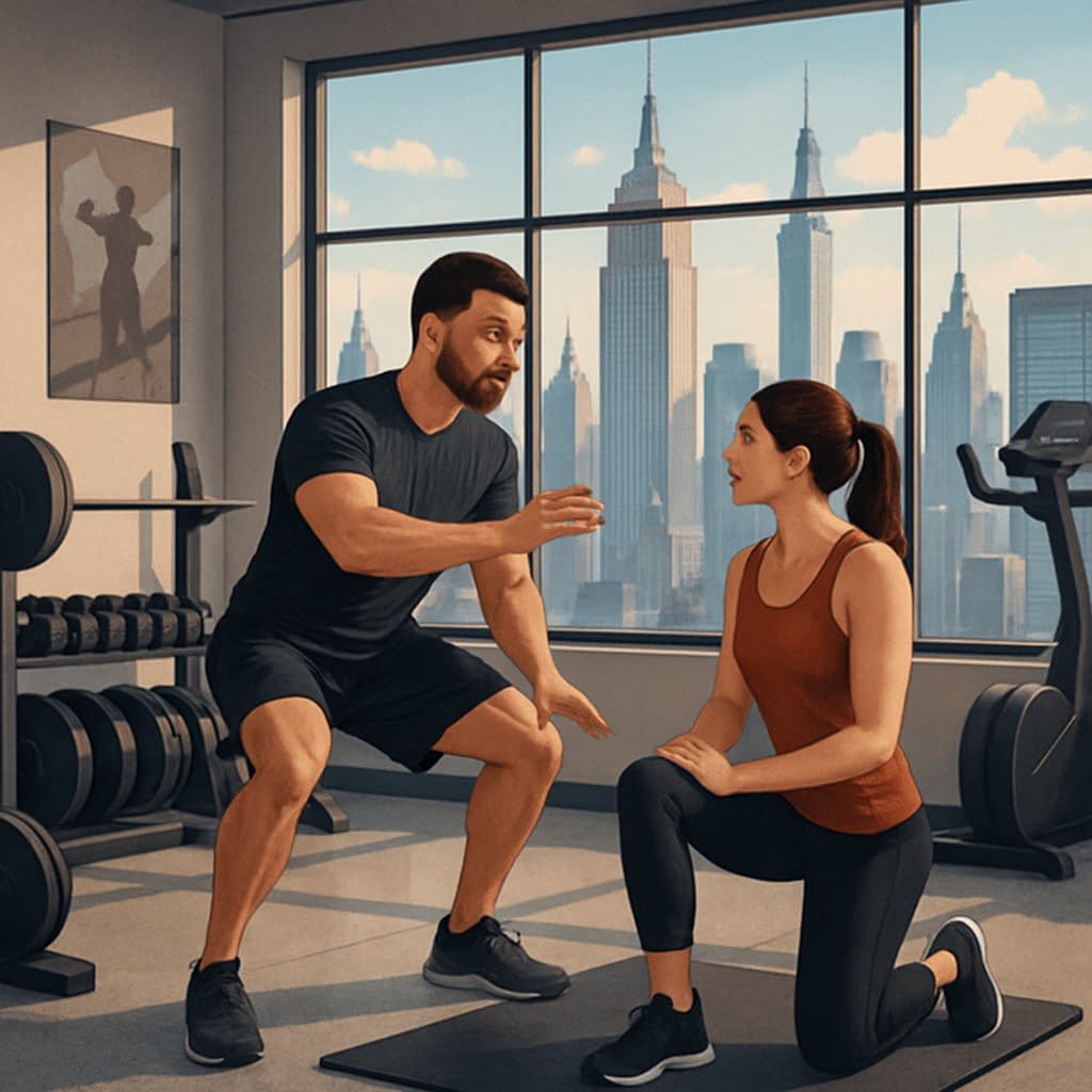 A personal trainer coaching a client in a gym with a view of Manhattan skyscrapers through a large window.