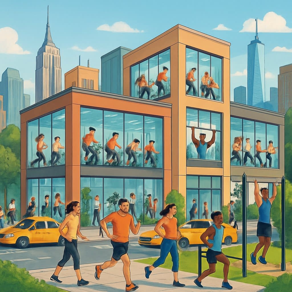 A busy Manhattan street with fitness studios showing people exercising inside and others jogging and stretching outside near a park.