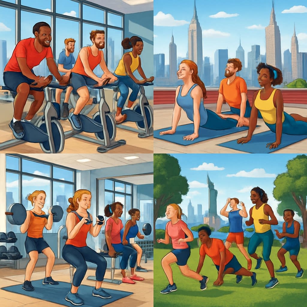 People of diverse backgrounds exercising in various fitness classes and training sessions with Manhattan landmarks visible in the background.