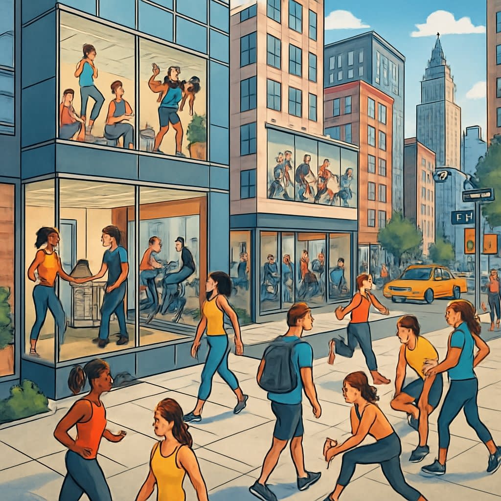 A busy Manhattan street with fitness studios and people exercising inside and outside the buildings.