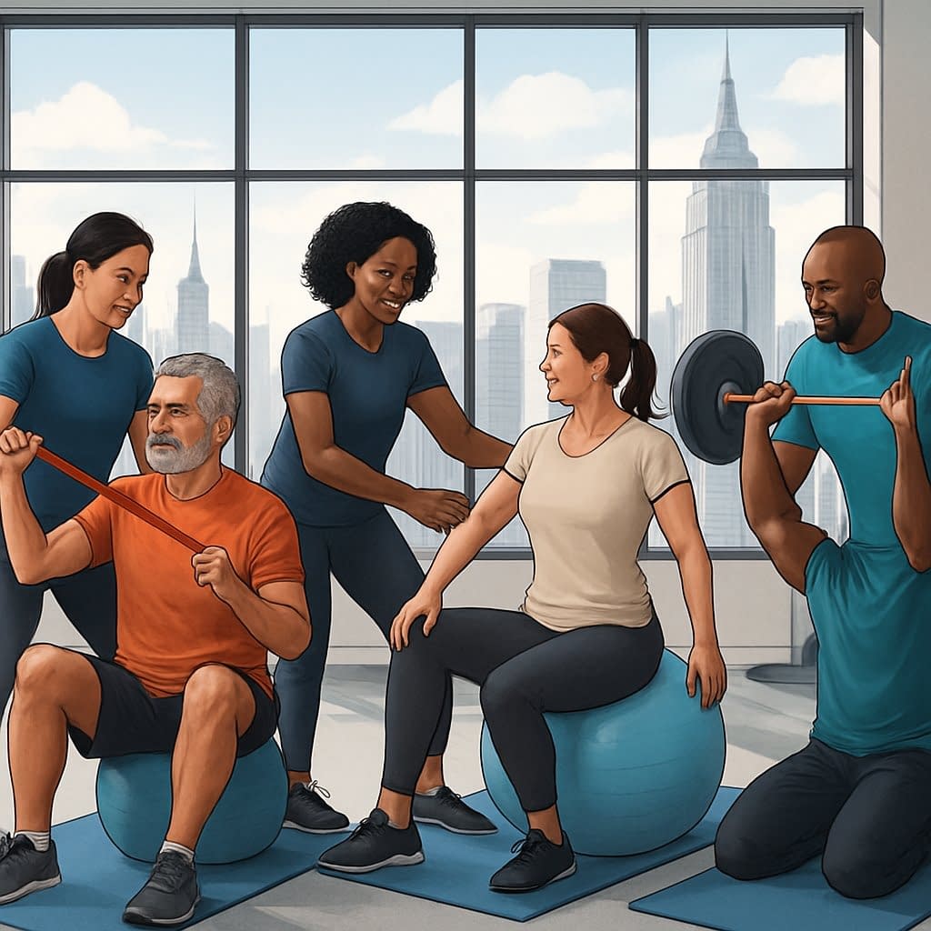 A group of personal trainers and clients exercising together in a gym, performing stretches, balance exercises, and weightlifting to prevent injuries.