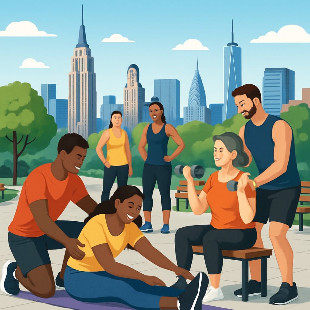 People doing personal training exercises outdoors in a city park with Manhattan skyscrapers in the background.