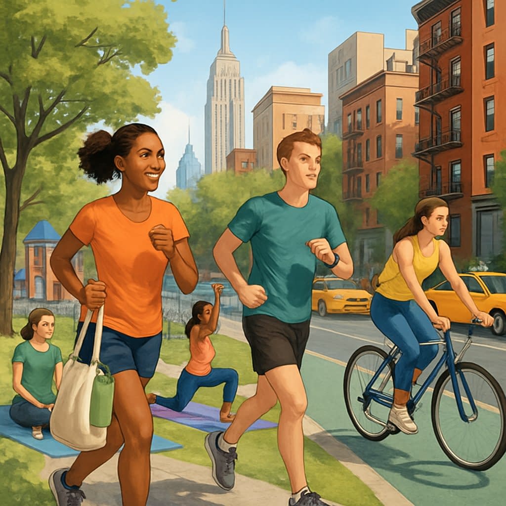 People exercising outdoors in a New York City park with jogging, yoga, and cycling near urban buildings.