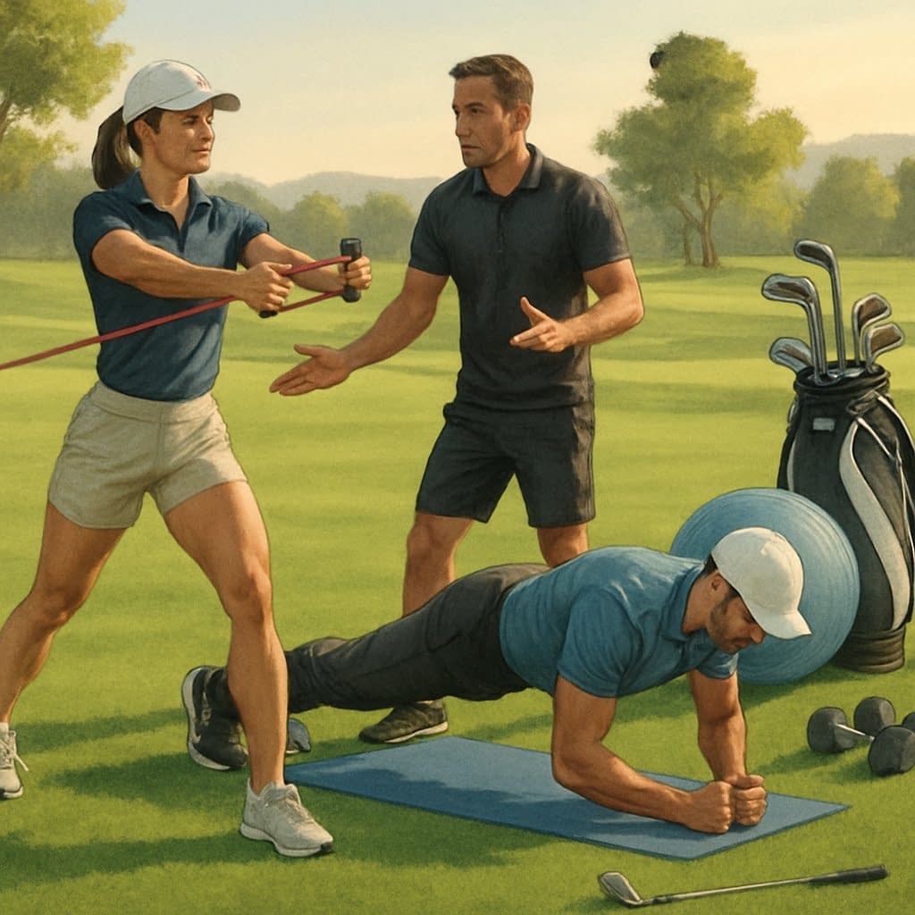 Two golfers performing fitness exercises with resistance bands and balance drills on a golf course practice area, guided by a trainer, with golf equipment nearby.