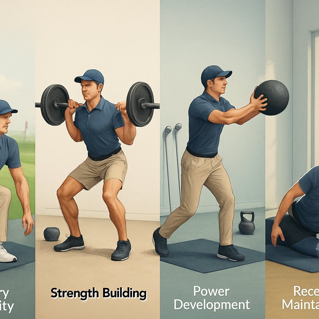 A golfer performing different fitness exercises in four sections representing mobility, strength, power, and recovery phases of an off-season golf fitness program.