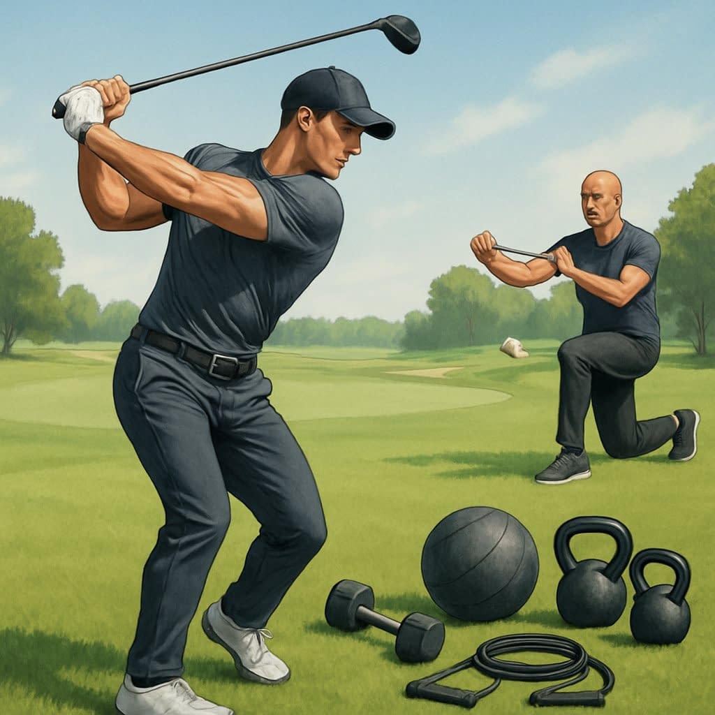 A golfer practicing a swing on a golf course surrounded by strength training equipment and a coach demonstrating exercises.