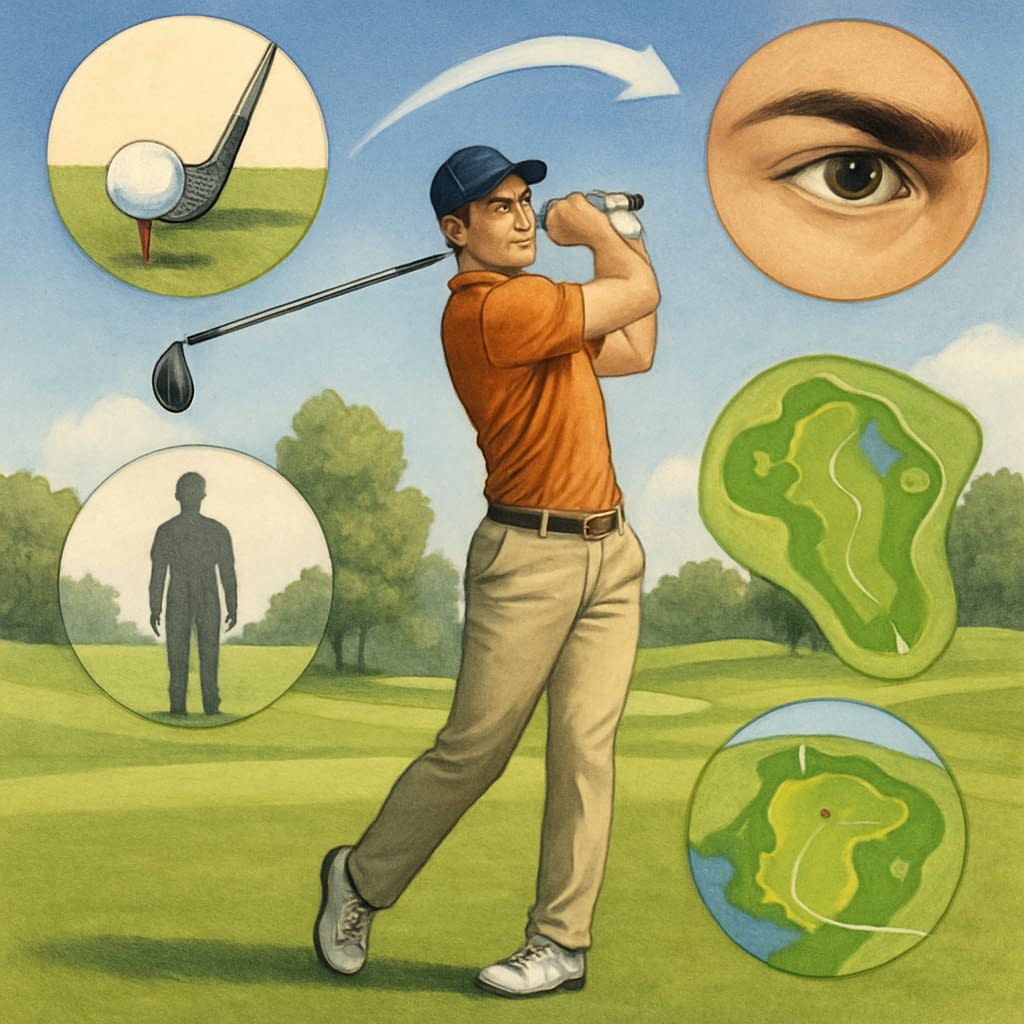 A golfer swinging on a golf course surrounded by five symbolic elements representing key golfing principles like stance, swing, focus, balance, and strategy.