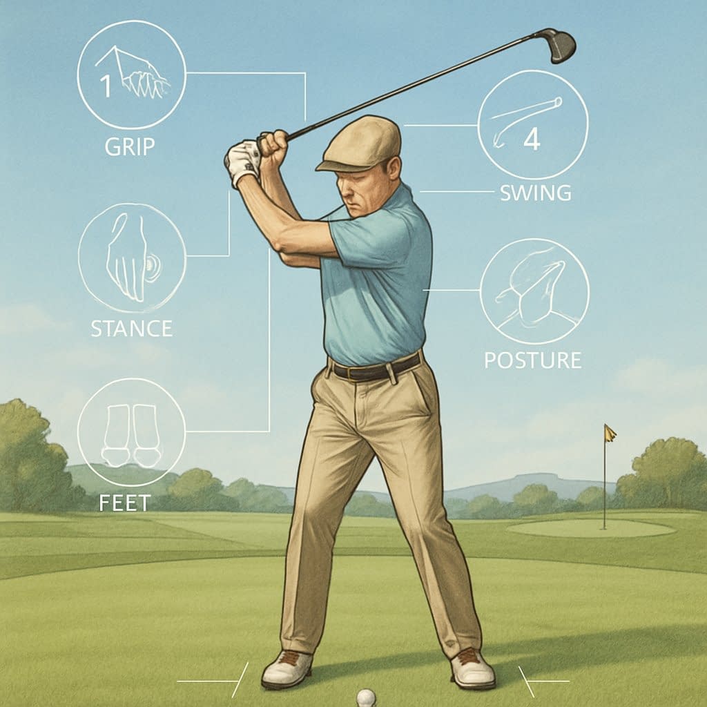 A golfer on a green golf course in mid-swing with five subtle icons highlighting key parts of the golfer's grip, stance, posture, alignment, and swing.
