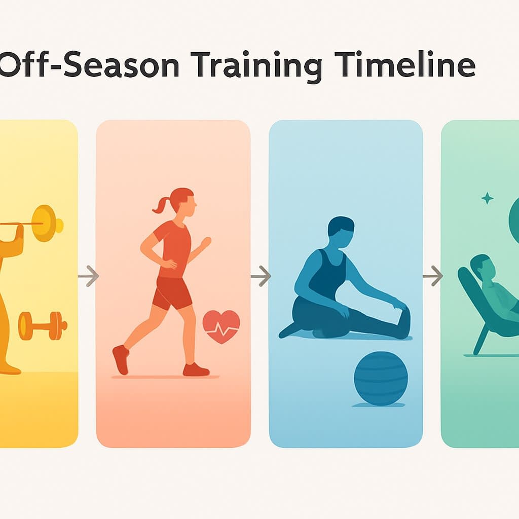 A four-part timeline showing different phases of off-season training with icons representing various exercises and progression arrows connecting each phase.