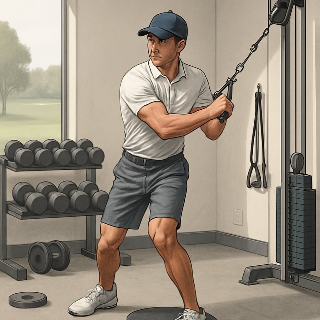 A male golfer doing a cable rotation exercise in a gym with golf equipment and a golf course visible through a window.