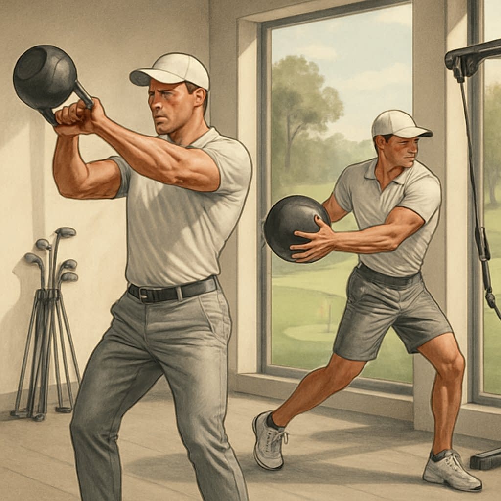 A male golfer doing strength training exercises in a gym with golf equipment and a golf course visible in the background.