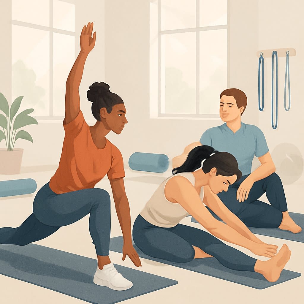 A group of people performing different stretching and mobility exercises in a bright fitness studio.