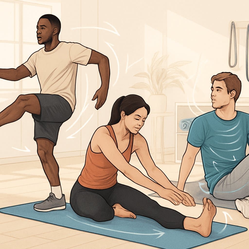 A group of people performing different stretching and mobility exercises in a fitness studio with equipment like yoga mats and foam rollers.