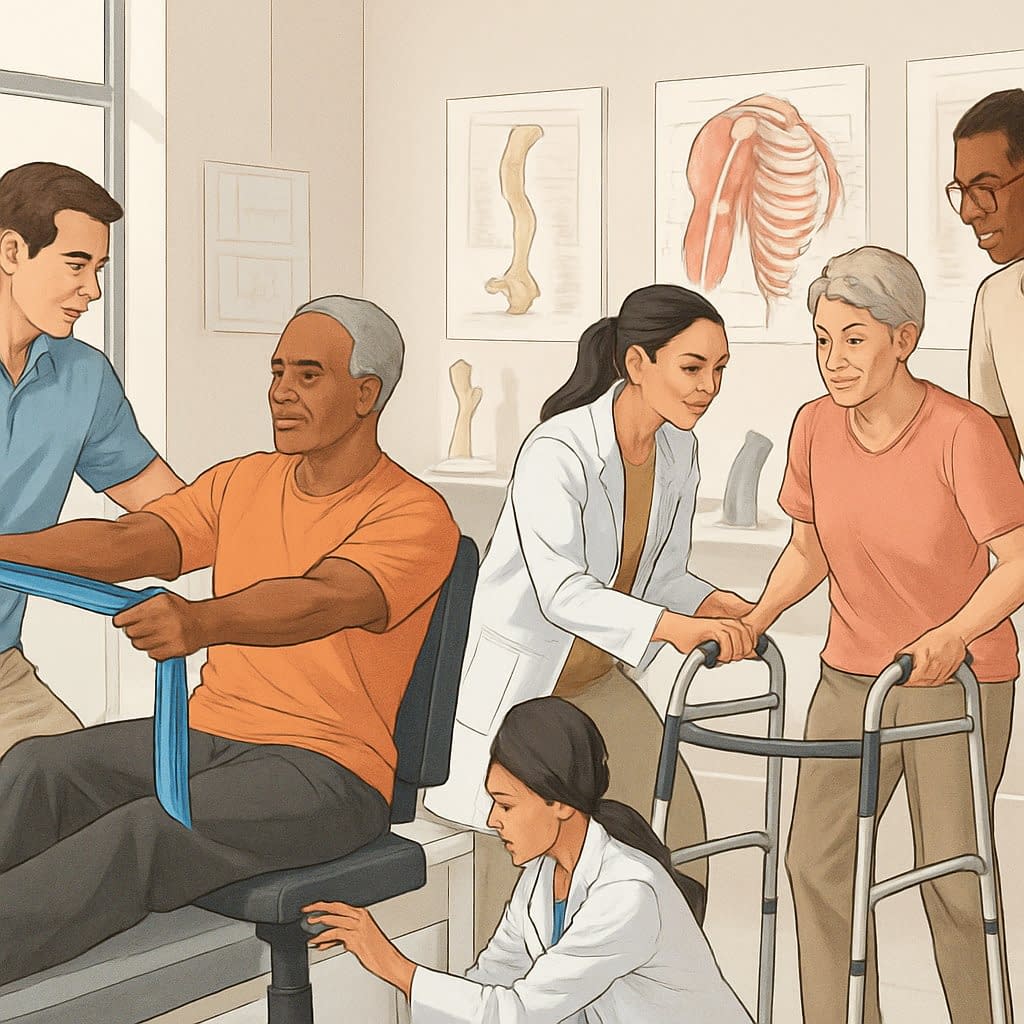 Healthcare professionals assisting patients with stretching and mobility exercises in a rehabilitation center.