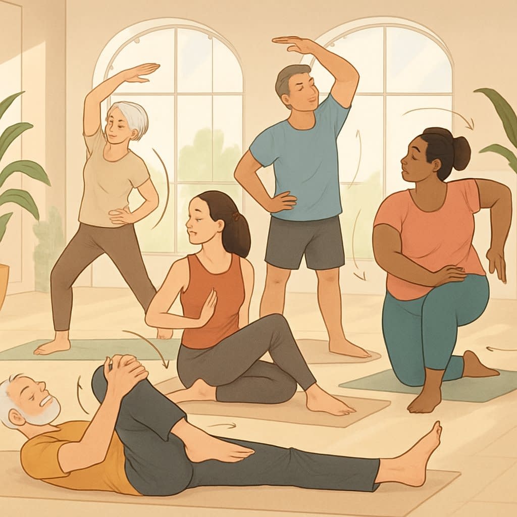 A group of people performing various stretching and mobility exercises in a bright, spacious studio with natural light and plants.