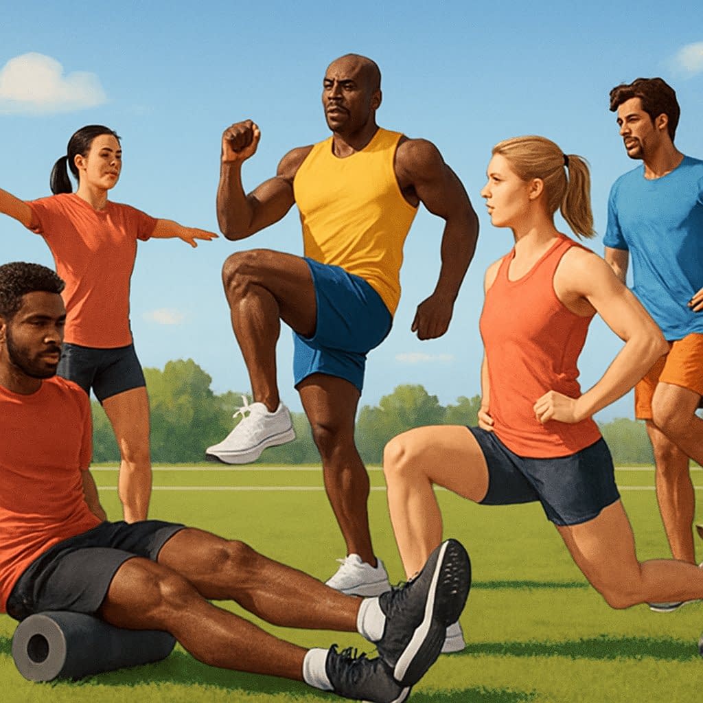 A group of athletes performing various warm-up exercises and stretches on a sports field outdoors.