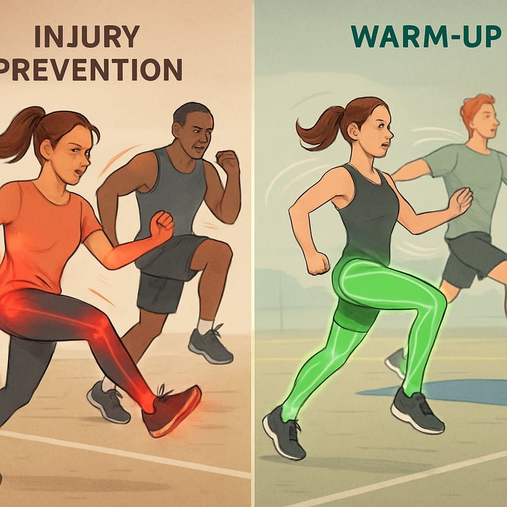 A group of athletes performing warm-up exercises on a sports field, illustrating how warming up helps prevent injuries.