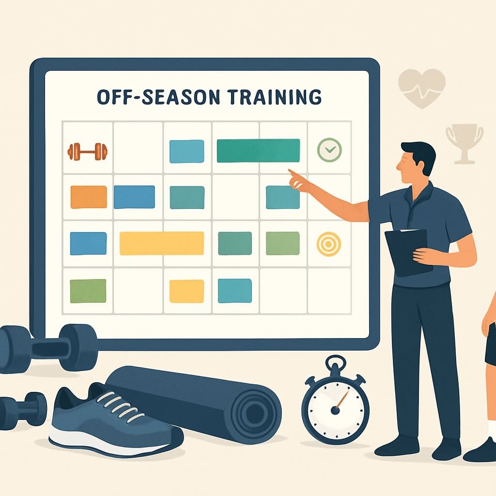 An athlete and coach reviewing a color-coded off-season training schedule on a large calendar surrounded by training equipment.