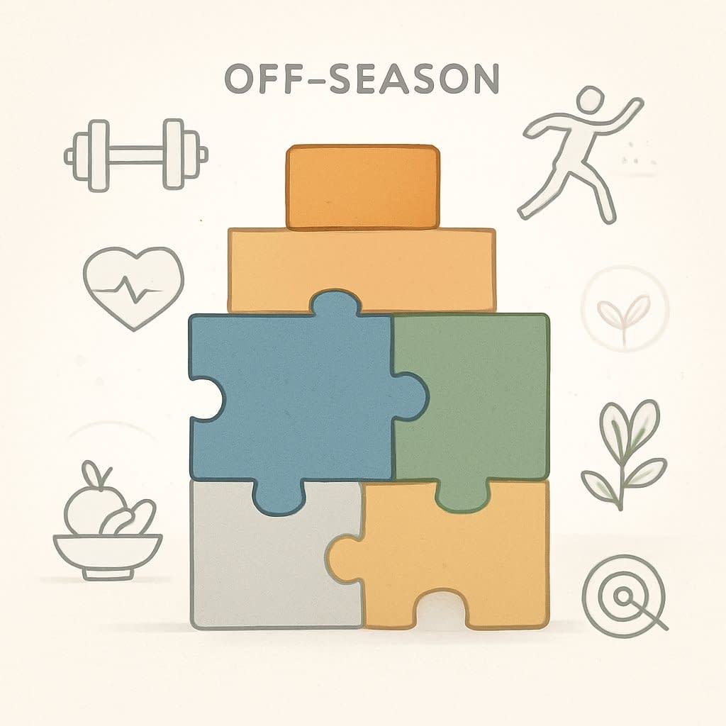 An organized arrangement of building blocks representing different parts of an off-season training program, with icons symbolizing strength, cardio, flexibility, nutrition, rest, and skill development.
