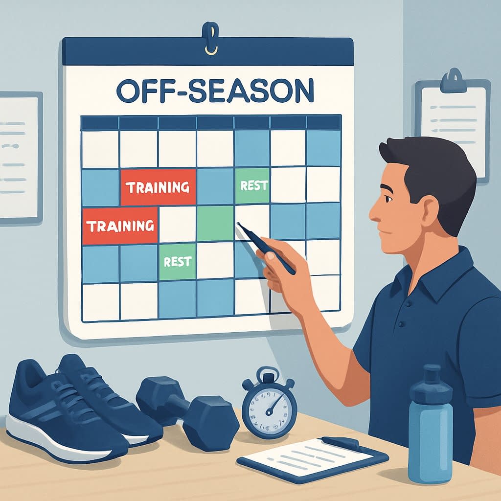 A coach points at a wall calendar with a detailed off-season training schedule, surrounded by athletic equipment on a desk.