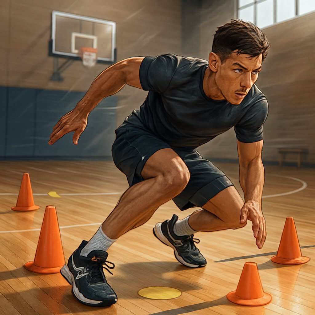 An athlete on a basketball court performing quick direction changes during agility training with cones arranged on the floor.