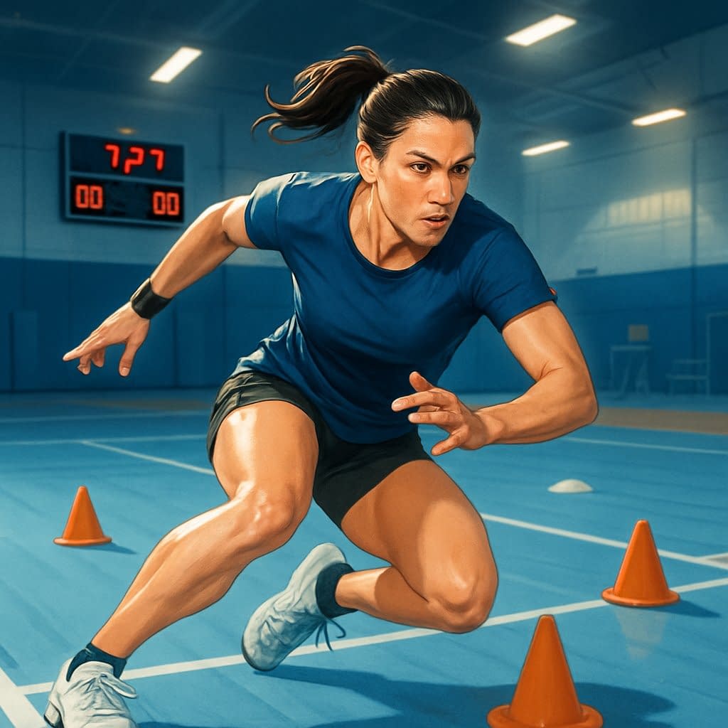 An athlete on an indoor court performing a quick direction change during agility training with cones on the floor.
