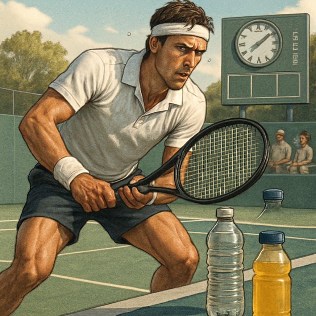 A tennis player in action on a court with a water bottle and sports drink nearby, showing focus and effort during a match.