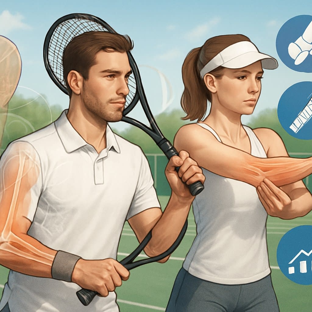 Two tennis players on a court demonstrating proper grip and warm-up stretches to prevent tennis elbow, with anatomical highlights of the elbow and forearm muscles.