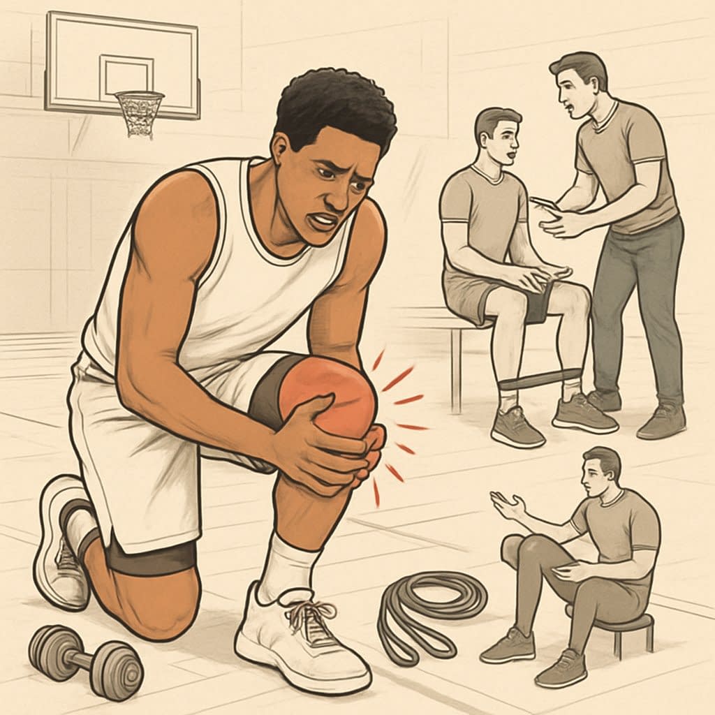 A basketball player on an indoor court holding their knee in pain while a trainer assists with strength training exercises nearby.