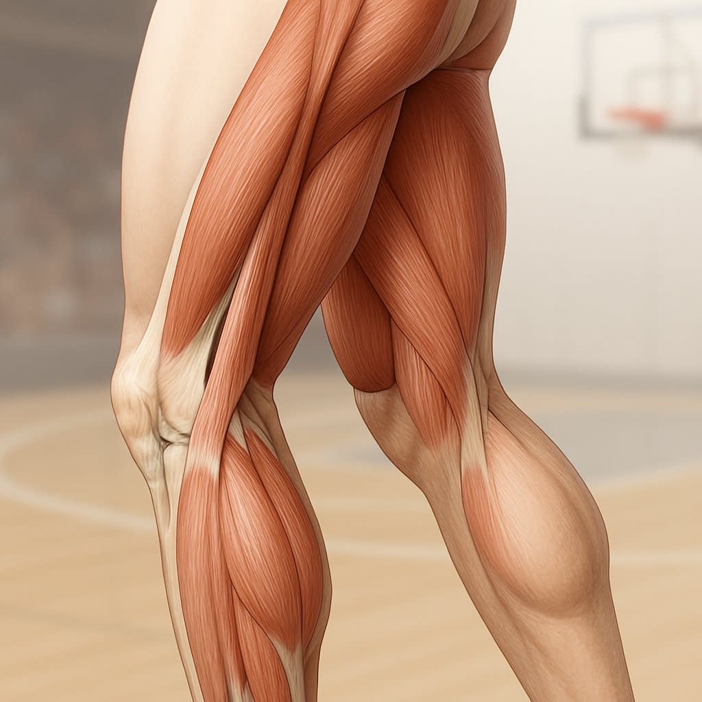 An anatomical illustration of the muscles around the knee joint on a human leg, with a faint basketball court in the background.