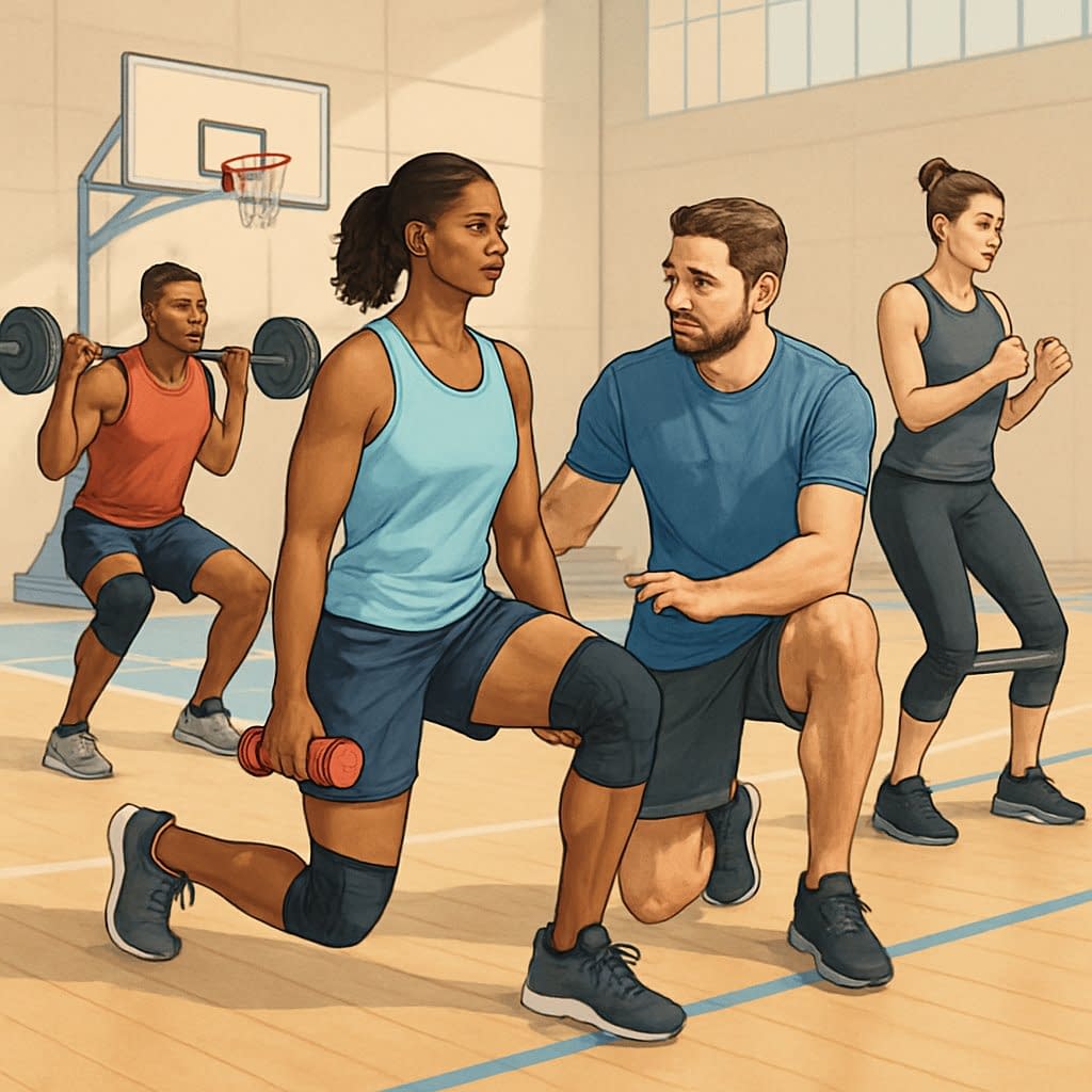 Athletes performing strength training exercises on a basketball court with a trainer guiding them to prevent knee pain.