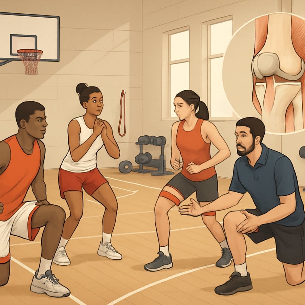 Athletes on a basketball court performing knee-strengthening exercises under the guidance of a coach, with visual elements highlighting knee anatomy and strength training equipment nearby.
