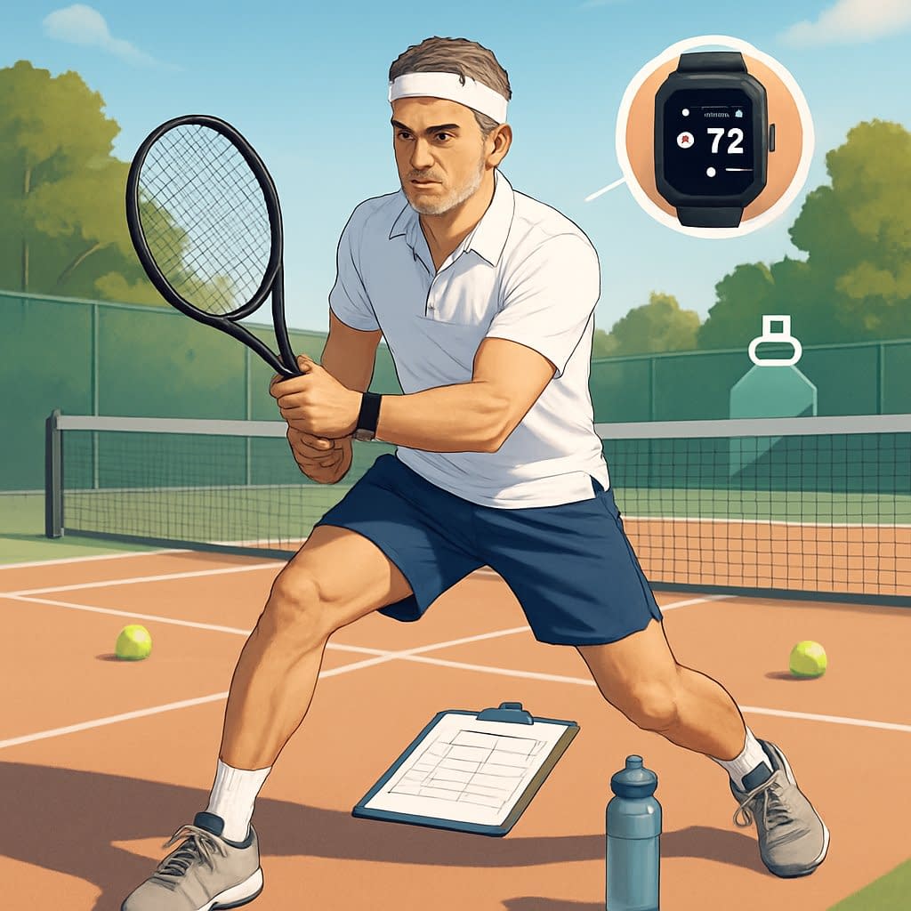 A mature tennis player practicing on an outdoor court, focusing on technique with training equipment nearby.