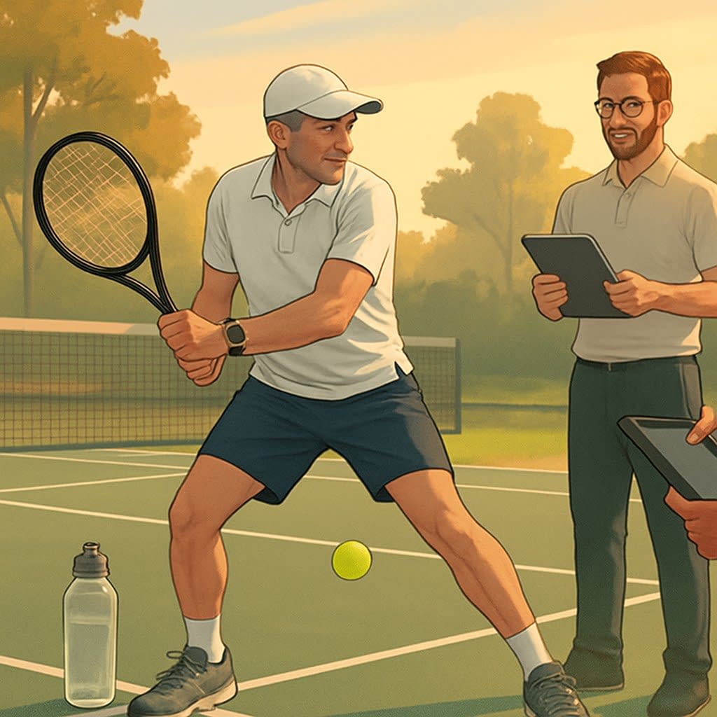 A mature tennis player practicing on an outdoor court with a coach nearby, focusing on controlled and efficient movement during training.