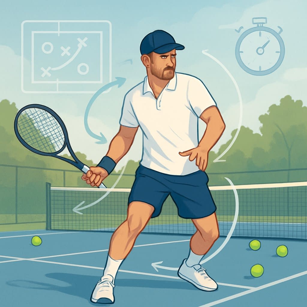 A mature tennis player practicing efficiently on a tennis court surrounded by symbols of smart training techniques.