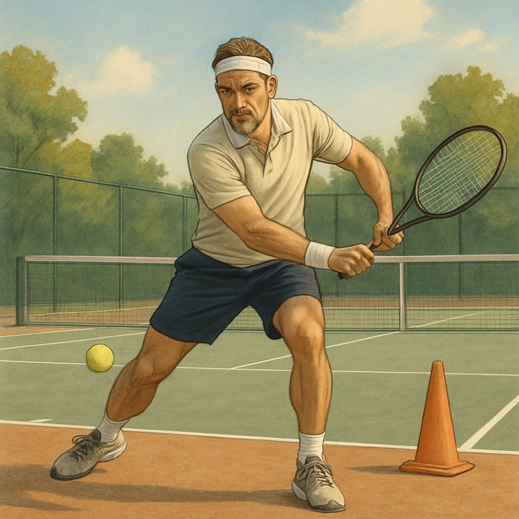 A mature tennis player practicing precise tennis techniques on an outdoor court surrounded by trees.
