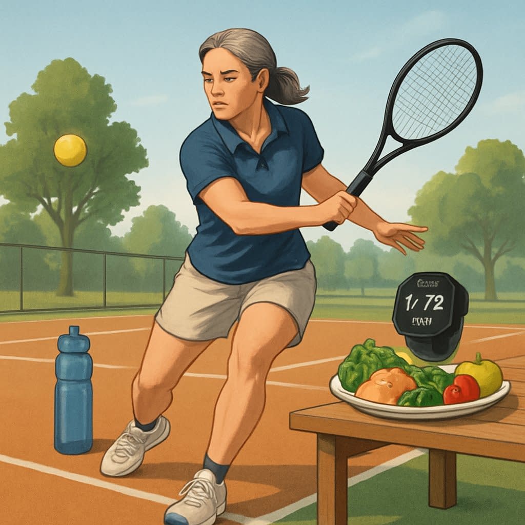 A middle-aged tennis player hitting a forehand on a tennis court with healthy lifestyle elements like water, nutritious food, and a smartwatch nearby.