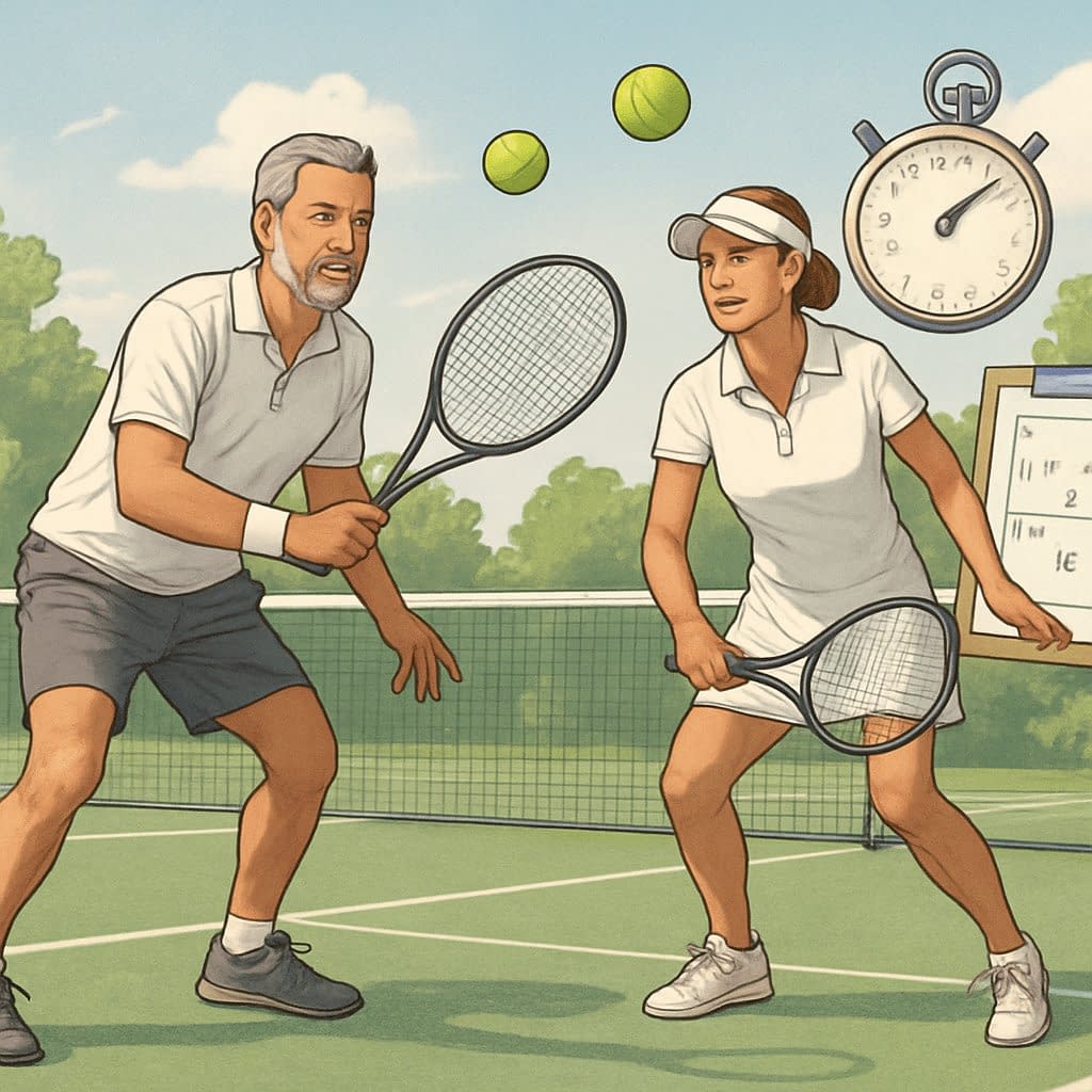 Two middle-aged tennis players playing a friendly match on an outdoor court surrounded by greenery.