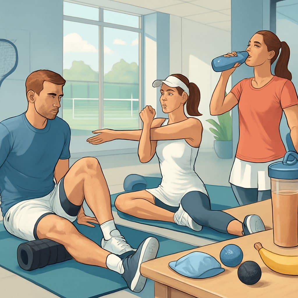 Two tennis players performing post-match recovery exercises in a gym, including foam rolling, stretching, and hydration, with tennis equipment visible in the background.