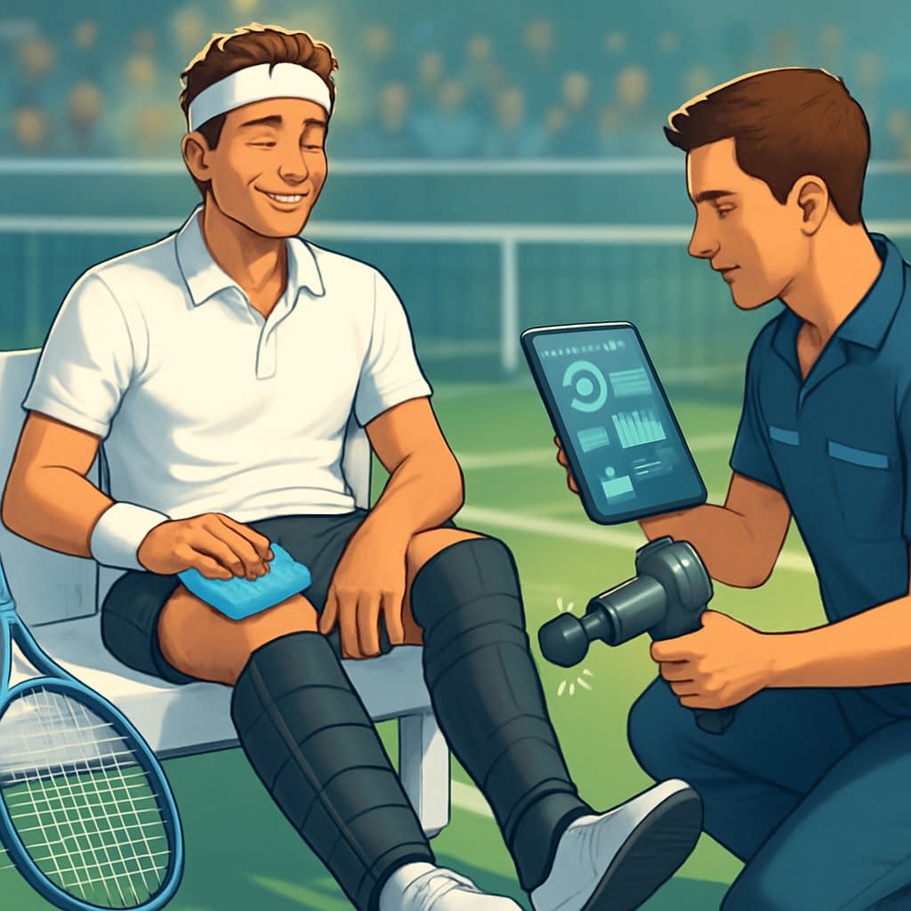 An athlete receiving post-match recovery treatment with compression sleeves, ice packs, and a massage gun while a therapist monitors progress beside a tennis court.