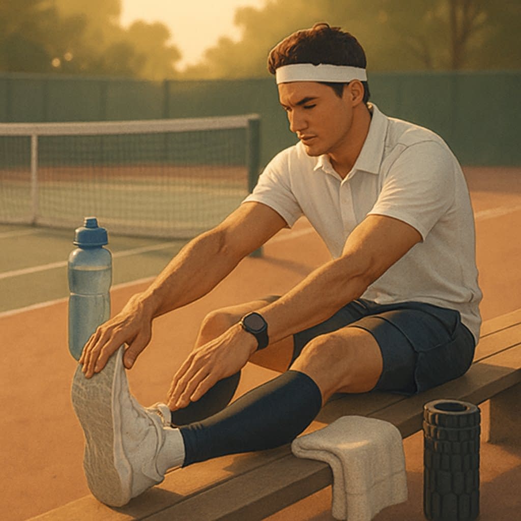 A tennis player sitting on a bench beside the court, stretching and using recovery tools like a foam roller and water bottle after a match.