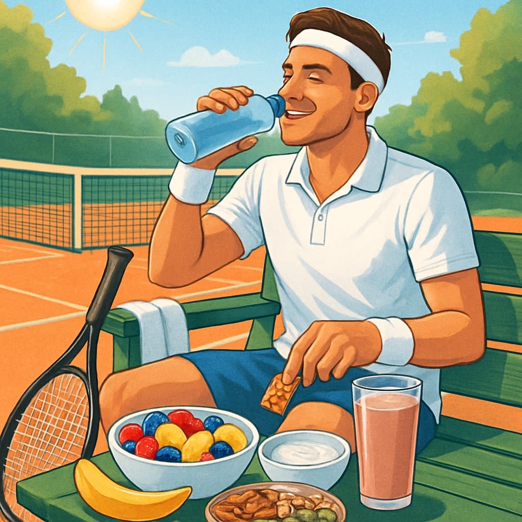A tennis player resting on a bench by the court, drinking water and eating healthy snacks like fruits and nuts to recover after a match.